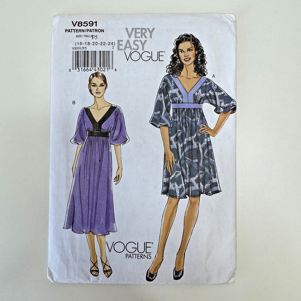 VOGUE V8591 Y2K Babydoll Dress 2009‎ Dolman Sleeves Very Easy Vogue 16 - 24